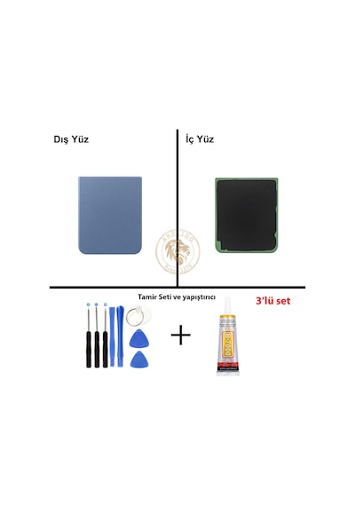 Samsung Galaxy Z Flip 4 Mavi Renk Arka Kapak + Tamir Seti + B7000 Yapıştırıcı Arka Cam Batarya Kapağı Pil Kapağı Lazer Kesim Back Cover Galaxy Z Flip 4 Uyumlu