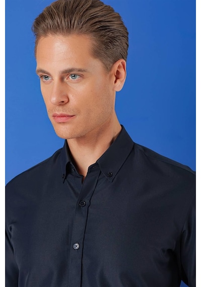 Efor Slim Fit Düğmeli Yaka Pamuklu Klasik Lacivert Gömlek Gk 715 Lacivert