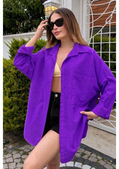 Rouge Basıc Oversize Keten Dokulu %100 Pamuk Salaş Gömlek Mor