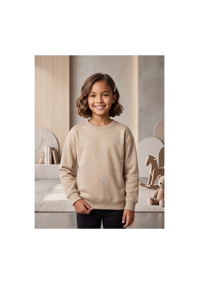 Deniva Kids Kız Çocuk Bej Taş İşlemeli Bisiklet Yaka Pamuklu Sweatshirt Bluz