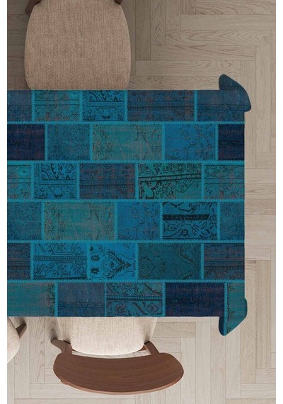 Turkuaz Patchwork Dokuma Leke Tutmaz Masa Örtüsü Mso294n11