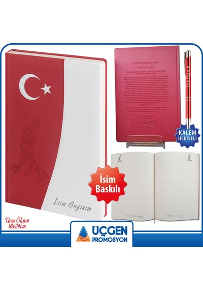 Atatürklü Kişiye Özel Gençliğe Hitabe Baskılı Kalem Beyaz - Kırmızı