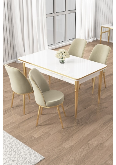 Canisa Rewa Serisi 70x110 Sabit Beyaz Gold Detay Masa Takımı Ve 4 Krem Sandalye Masa Beyaz Sandalye Krem Ayak Gold Canisa Rewa Serisi 70x110 Sabit Beyaz Gold Detay Masa Takımı Ve 4 Krem Sandalye Masa Beyaz Sandalye Krem Ayak Gold