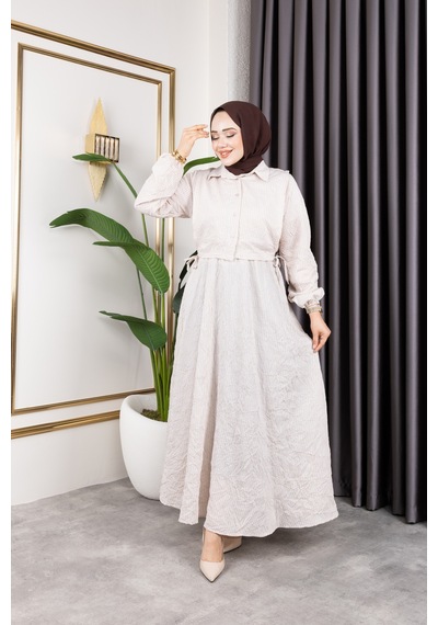 Hira Life Fashion Kadın Bej Tesettür Giyim Gömlek Detaylı Çizgili Viskon Kıraş Elbise İkili Takım Bej Bej Hira Life Fashion Kadın Bej Tesettür Giyim Gömlek Detaylı Çizgili Viskon Kıraş Elbise İkili Takım Bej Bej
