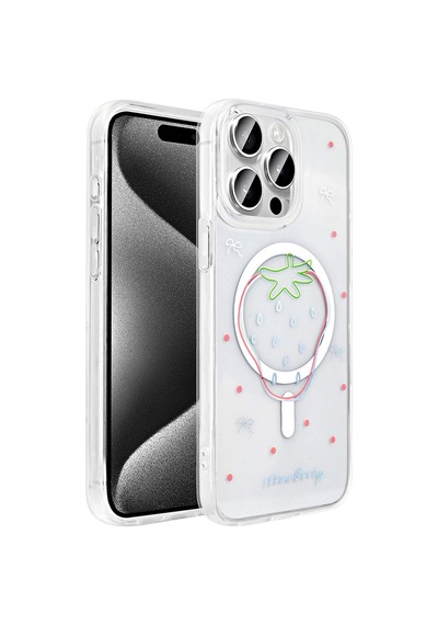 Apple Uyumlu iPad iPhone 15 Pro Max Kılıf M-safe Şarj Özellikli Şeffaf Zore Folk Sert Kapak Çilek