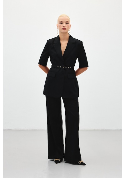 Sateen Bol Paça Keten Pantolon - Siyah-136411 Siyah