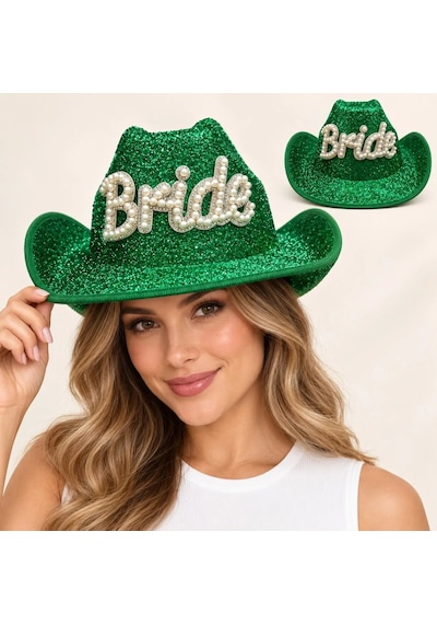 Yeşil Bride Gelin Şapkası Parıltılı Bekarlığa Veda Şapkası Standart