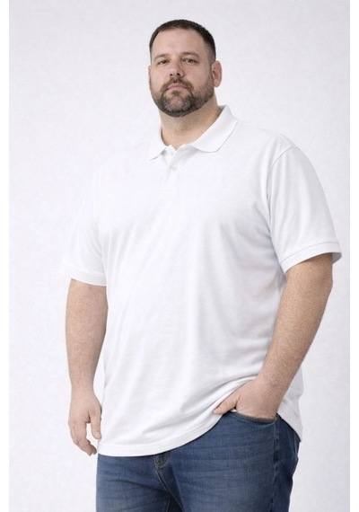 Erkek Polo Yaka Düğmeli Tişört Pike Kumaş Battal Beden Kısa Kol T-shirt - Beyaz