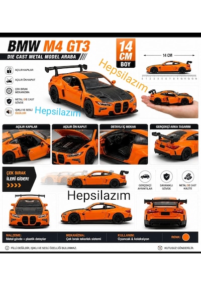 Oyuncak Spor Araba 14 Cm Metal Diecast Model Çek Bırak Açılır Kapı Bmw M4 Gt3 Competition Turuncu