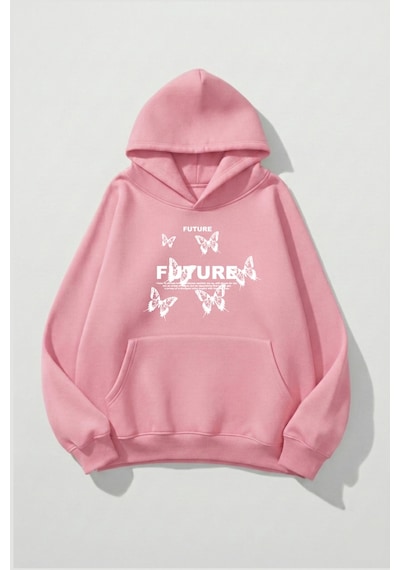 Uyguntarz Unisex Yumuşak Dokulu Future Butterfly Baskılı Tasarım Oversize 3 İplik Hoodie Sweatshirt Pembe