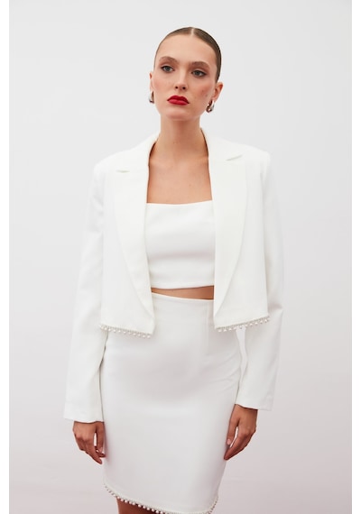 Sateen Aksesuarlı Kısa Ceket - Ekru-134922 Ekru