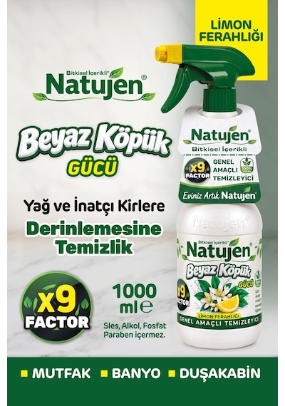 Natujen Genel Amaçlı Temizleyici Beyaz Köpük Gücü Limon Ferahlığı X9 Factor 1000 Ml.