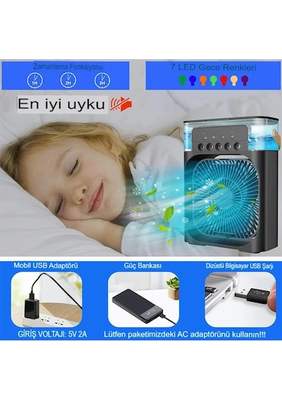 Buzlu Su Püskürtmeli Hava Serinletici Fan Taşınabilir Hava Nemlendiricili Ledli Fan