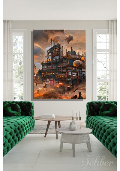 Dikey Kanvas Tablo Tekli Ev Kafe Ofis Steampunk Veya Post-apokaliptik Şehir Konsepti 2725