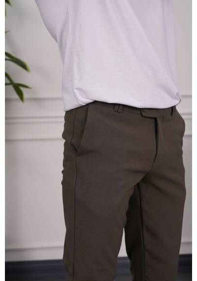 Modefendi Slim Fit Kalıp Düz Kumaş Pantolon Koyu Kahve