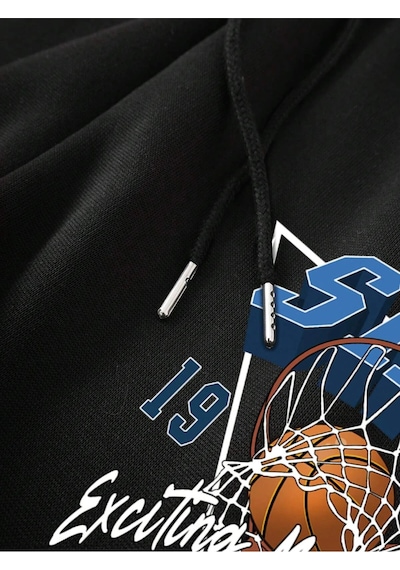 Basketball & Letter Graphic Drawstring Waist Şort Siyah