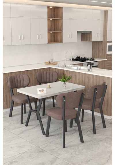 Gnr 70x110cm Sabit Beyaz Mutfak Masası Takımı, Yemek Masası, 4 Modern Kahverengi Sandalye Kahverengi