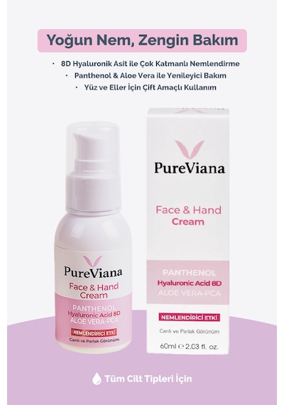 Pureviana Yüz & El Kremi 60ml Hyaluronik Asit 8d + Aloe Vera + Cica + Shea Nemlendirici, Bariyer Onarıcı
