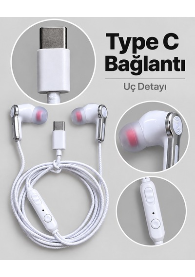Gümüş Detaylı Silikon Başlıklı Type C Kablolu Kulaklık