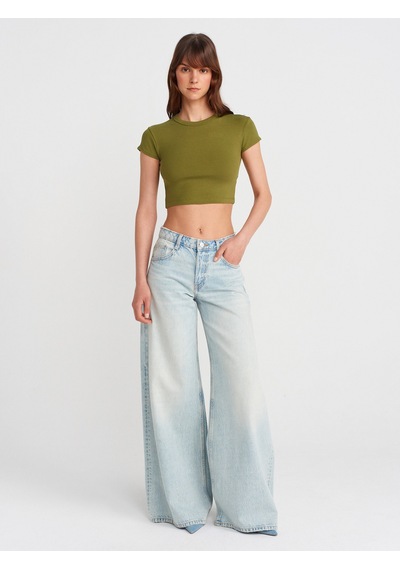 Dilvin 31810 Bisiklet Yaka Crop T-shirt-yağ Yeşil Yağ Yeşil