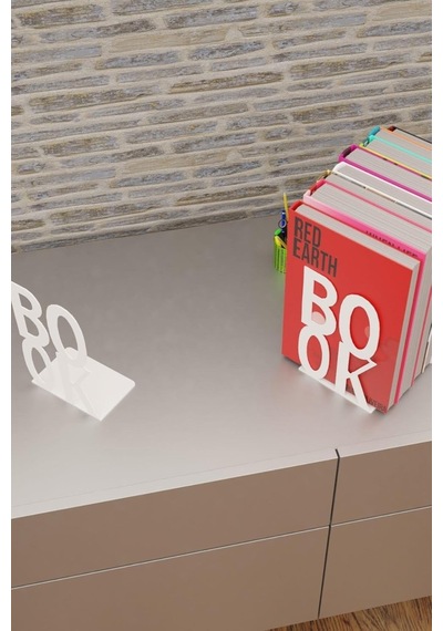 Dekoratif Beyaz Book Yazı Tasarımlı Kitap Tutucu Desteği Metal Kitap Tutucu İkili Set Mk3b