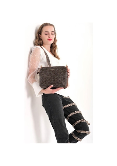 Kadın Monogram Baskılı Just & Polo 5 Bölmeli Omuz Çantası Kahverengi 07492348