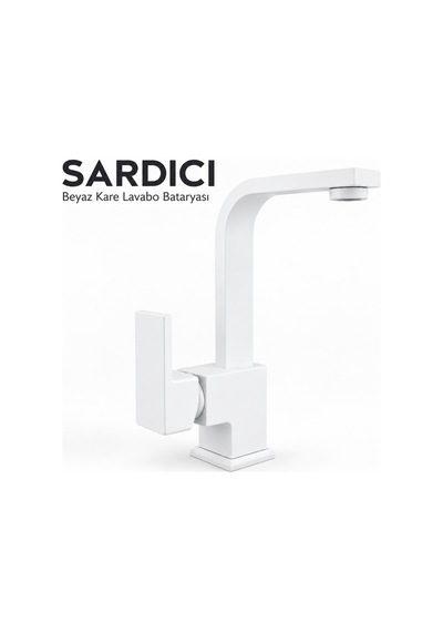 Sardıcı Beyaz Kare Lavabo Bataryası Geniş Kumanda Kollu Çift Su Girişli Krom