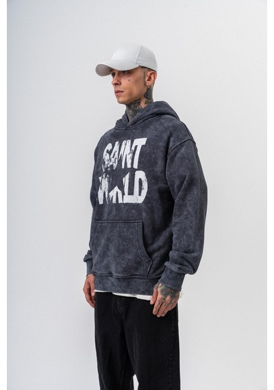 Respire Erkek Star Baskılı Yıkamalı Kapüşonlu Oversize Hoodie Siyah