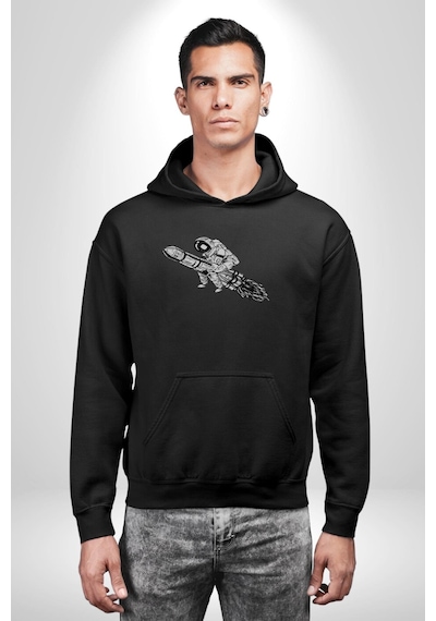Roket Astronot Kadın Erkek Siyah Kapüşonlu Sweatshirt Hoodie Siyah