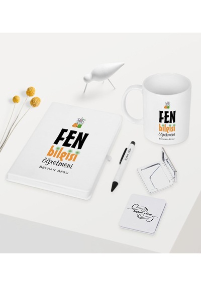 Kişiye Özel Fen Bilgisi Öğretmeni Temalı Beyaz Defter Kalem Kupa Beyaz