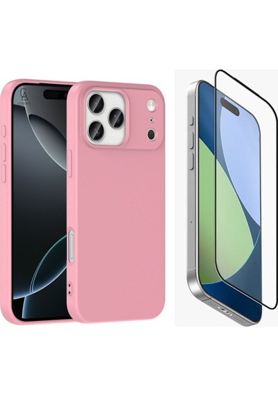 Apple Uyumlu iPhone 17 Pro Içi Kadife Lansman Kılıf Ve Mat Seramik Tam Kaplayan Cam Ekran Koruyucu Açık Pembe