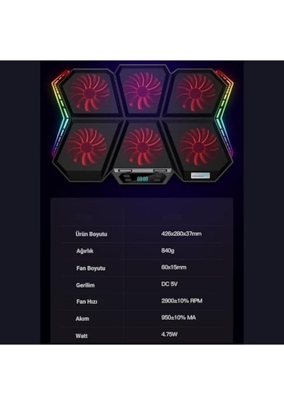 Led Işıklı Ayarlanabilir 7 Kademeli Stand 6 Fanlı Göstergeli Notebook Laptop Soğutucu Turbo Fan