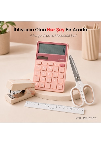 Nusign Hesap Makinesi &zımba & Makas Kırtasiye Seti - Pembe
