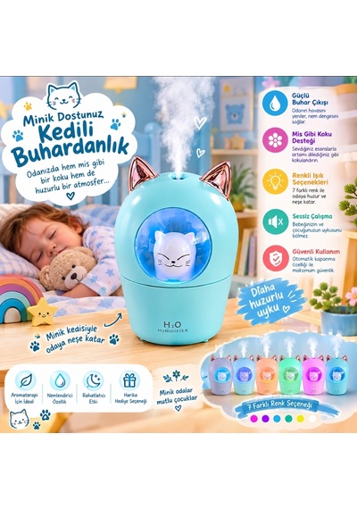 Kedi Tasarımlı Şık Buhardanlık Bebe Ve Çocuklar İçin Mavi Renk