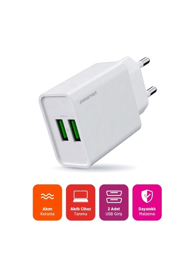 Polosmart Psm134 2a Çift Usb Şarj Adaptörü Akıllı Tanıma Hızlı Şarj Başlığı 10w Beyaz