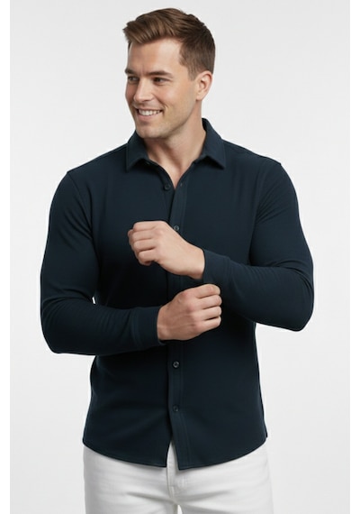 Deepsea Lacivert Slim Fit Örme Kumaş Likralı Erkek Gömlek Nefes Alan Esnek Ve Modern Tasarım 2602604 Lacivert