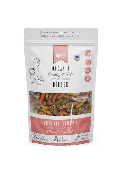 Organik Karışık Sebzeli Bakliyat Unlu Dirsek Makarna 200 Gr +8 Ay