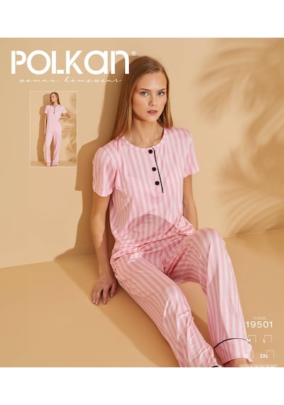 Polkan Kadın Çizgili Kısa Kollu Penye Pijama Takımı Pembe 19501 Pembe