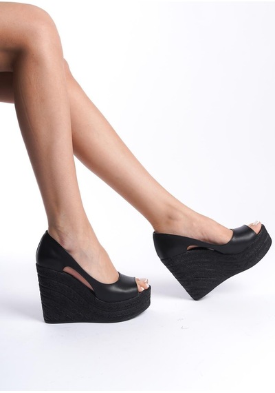 Asmi Shoes Kadın Belon 11 Cm Platformlu Dolgu Topuklu Ayakkabı Siyah Siyah