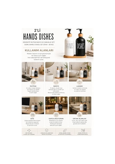 2'li Hands Dishes Siyah Beyaz Cam Sıvı Sabunluk Seti 500 Ml, Bambu Standlı Dekoratif Mutfak &amp Amp Banyo Sabunluk Diğer