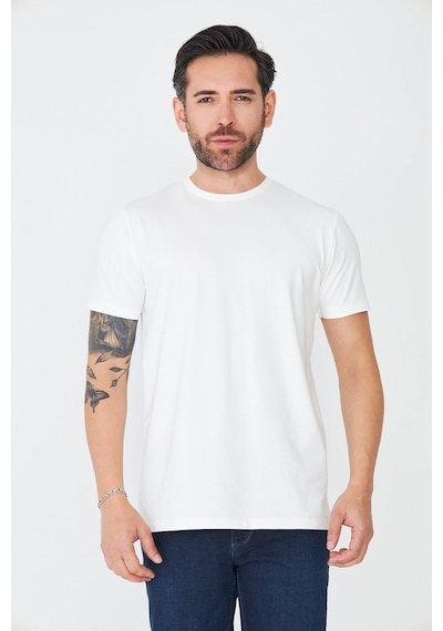 Beyaz Bisiklet Yaka Basic T-shirt Ekru