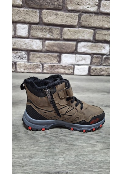Rahat İçi Kürklü Ortopedik Taban Outdoor Spor Cırtlı Fermuarlı Çocuk Botu Vizon