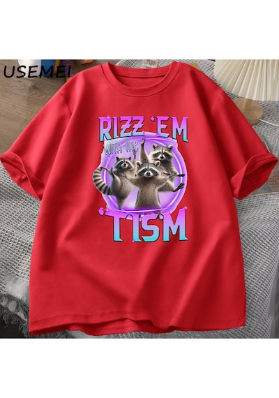 Flood Of Style Rizz Em Tism Rakun T-shirt Çöp Panda Komik Grafik T Shirt Erkekler Komik Pamuk Kısa Kollu Har Kırmızı