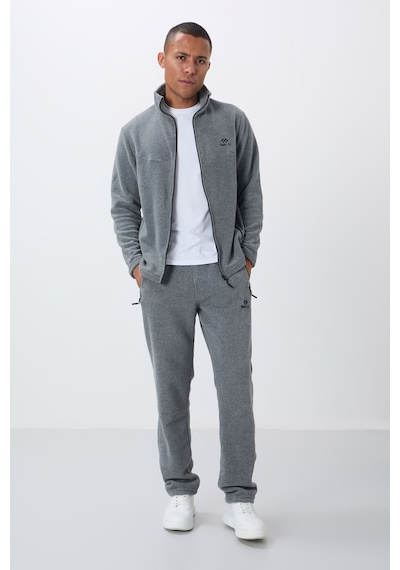 Tommy Life Gri Melanj Dik Yaka Basic Fermuar Cepli Standart Kalıp Erkek Polar Eşofman Takımı - 85193 GRİ MELANJ