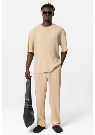 Basic Oversize Bisiklet Yaka Ottoman Takım Bej