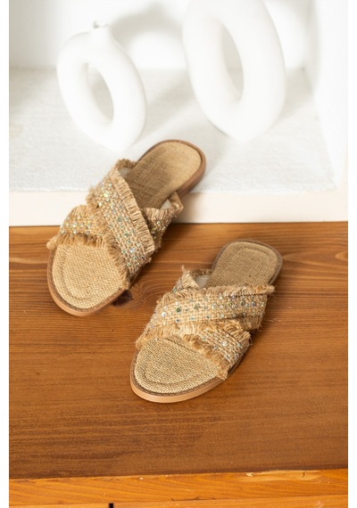 Dabab Shoes İnka Kadın Hasır Dokulu Kuş Gözü Detaylı Düz Bej Terlik