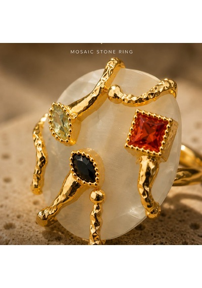 Riody Atelier No.01 Mosaic Stone Ring Koleksiyon Serisi Doğal Taş Statement Ring Sarı Altın