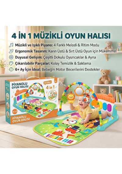 Hayvanlı Orkestra Temalı 4'ü 1 Arada Müzikli Işıklı Sesli Oyuncaklı Piyanolu Aksesuarlı Oyuncak Halı