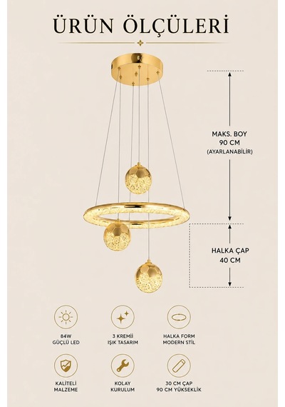 Modern Premium Gold Küreli 3 Renkli Ledli Sarkıt Avizesi Salon Mutfak Çocuk Odası Şık Modelleri 84w