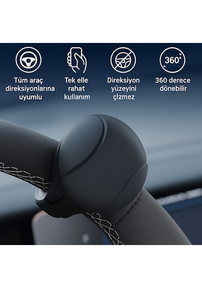 Polham Araç Direksiyon Topuzu 360 Dönebilir, Direksiyon Çizmez, Tüm Araç Direksiyonlarına Uyumlu Siyah